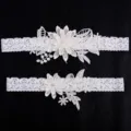 White lace wedding garter set with floral embroidery and pearl, bridal elastic leg band. - Off White