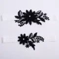 White lace garter set with black floral embroidery and pearl for bridal wedding party. - Black