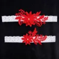White lace wedding garter set with red embroidered floral applique and pearl for bridal. - Red