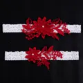 Wedding lace garter belt set red and white floral elastic bridal thigh bands accessories - Burgundy