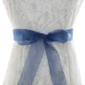 Blue ribbon bridal sash paired with white lace dress, elegant wedding waist belt accessory. - With Navy Blue Organza Ribbon