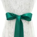 Elegant dark green satin belt with a large bow on white lace dress for bridal wedding events. - With Dark Green Ribbon
