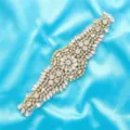 Detailed view of crystal rhinestone applique patch for bridal wedding dress belt and clothing decor. - Gold