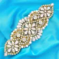 Exquisite Rhinestone Bridal Sash Applique Pearl Beaded Patch for Wedding Dress - Gold