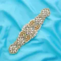 Rhinestone wedding dress belt applique detail, sparkling crystals and pearls on gold base. - Gold
