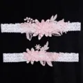 White lace bridal garter set with pink embroidered flowers and pearl for wedding party. - Pink