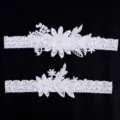 White lace bridal garter set with floral embroidery and pearl, elastic wedding leg garter. - White