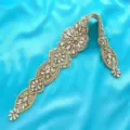 Exquisite bridal rhinestone belt applique with sparkling crystals and pearls for wedding dress. - Gold
