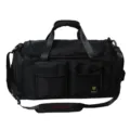 Detailed view of black travel duffel bag, multiple pockets, durable handle, side strap view. - Black