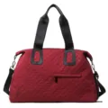 Large capacity red quilted travel duffel bag with black handles and shoulder strap. - Burgundy