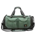 Green plaid large capacity travel duffel bag with shoe compartment and waterproof pockets for fitness. - Green
