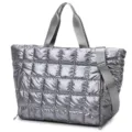 Silver quilted puffer tote bag, casual shoulder handbag for gym, travel, and daily use. - Light Grey