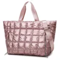 Metallic pink quilted gym tote bag, waterproof travel shoulder bag with zipper and strap. - Cherry Pink