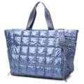 Metallic Blue Quilted Gym Tote Bag, Waterproof Travel Shoulder Bag with Adjustable Strap - Mystic Blue