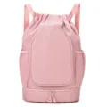 Pink drawstring sports backpack with bottom compartment, large capacity gym bag for fitness. - Sakura Pink