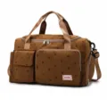 Brown corduroy travel duffel bag with cute strawberry print, spacious weekender tote and gym bag. - Brown