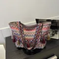 Ethnic style woven tote bag for women, colorful geometric pattern casual shoulder bag and handbag. - Red