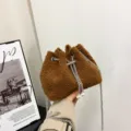 Brown plush bucket bag with chain strap and cute pearl decor, soft fuzzy winter handbag for women. - Dark Brown
