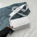 White quilted crossbody bag for women, trendy puffer shoulder bag with wide strap, casual. - White