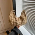 Khaki quilted cloud shoulder bag, soft puffer hobo purse with cute ruffled details for women. - Khaki
