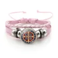 Pink braided leather bracelet with metal beads and Saint Benedict medal pendant accessory. - Style 11 (JY9762) / Pink