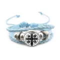 Blue leather braided Saint Benedict medal bracelet featuring metal beads detail view. - Blue Style 3 (JY9762)