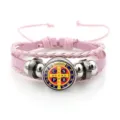 Pink braided leather bracelet featuring a classic round Saint Benedict medal charm and metal beads. - Pink Style 2 (JY9762)