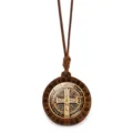 Vintage wooden Saint Benedict medal pendant necklace with wax cord and crystal dome design. - Style 4 (JY9770-4)