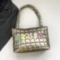 Metallic quilted puffer tote bag with colorful letters embroidery, stylish winter shoulder bag. - Gold