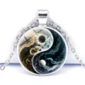 Yin Yang Taiji Glas Cabochon Anhänger Halskette Silber Metall Kette Modeschmuck Accessoire - Tintenrauch Tai Chi (JY9753-1)