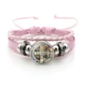 Pink leather braided bracelet with metal beads and Saint Benedict medal charm, adjustable. - Pink Style 1 (JY9762)