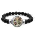 Bracelet perles noires médaille Saint Benoît catholique bijou chrétien accessoire mode - Style Perlé Élastique (JY9765-1)