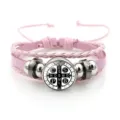 Pink braided leather bracelet with St. Benedict medal charm and metal beads for women. - Pink Style 3 (JY9762)