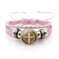 Pink Braided Leather Saint Benedict Medal Bracelet Religious Jewelry Fashion Accessory Gift - Pink Style 4 (JY9762)