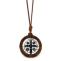 Wooden Saint Benedict medal necklace with vintage wax rope pendant for cross-border jewelry sales. - Style 3 (JY9770-3)