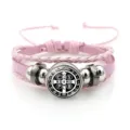 Pink braided leather double-layer bracelet with Saint Benedict medal charm and metal beads. - Pink Style 6 (JY9762)