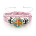 Pink braided leather bracelet with St Benedict medal metal charms spiritual jewelry fashion - Pink Style 8 (JY9762)