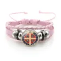 Pink braided leather bracelet with Saint Benedict medal charm and metal beads variant. - Pink Style 10 (JY9762)