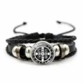 Black braided leather bracelet featuring a silver St. Benedict medal charm and metal beads. - Style 6 (JY9762) / Black