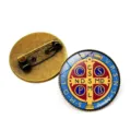St. Benedict medal brooch antique bronze religious badge lapel pin clothing accessory. - Bronze-9