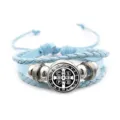 Light blue braided leather bracelet with St. Benedict medal and metal beads variant. - Blue Style 6 (JY9762)