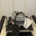 Retro black and white geometric pattern drawstring bucket bag casual women shoulder bag - Style 5