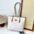 White embossed tote bag large capacity PU leather shoulder bag for women commuter style - Reversible Khaki