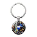 Music theme metal keychain with creative saxophone glass cabochon pendant gift accessory. - Saxophone Record Notes Style (JY9706-5)