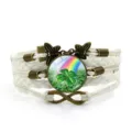 Bracciale in pelle bianca intrecciata multistrato vintage con ciondolo in vetro a trifoglio. - Stile Quadrifoglio Arcobaleno (12) / Bianco