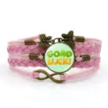 Bracciale multistrato in pelle intrecciata rosa con ciondolo in vetro con quadrifoglio. - Stile Quadrifoglio Ferro di Cavallo Good Luck (6) / Rosa