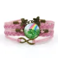 Bracciale in pelle intrecciata multistrato rosa con ciondolo trifoglio arcobaleno - Stile 12 / Rosa