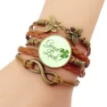 Bracciale in pelle intrecciata multistrato vintage con pendente in vetro quadrifoglio - Stile 8 / Marrone