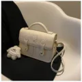 Retro mini PU leather satchel bag for women, cute bear embossed crossbody messenger bag. - White With Pendant