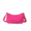 Bright pink quilted nylon shoulder bag with chunky chain strap for women winter fashion style - Rose Red